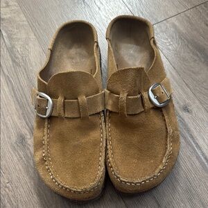 Birkenstock Brown Suede Slip-On Shoes with Silver Buckle